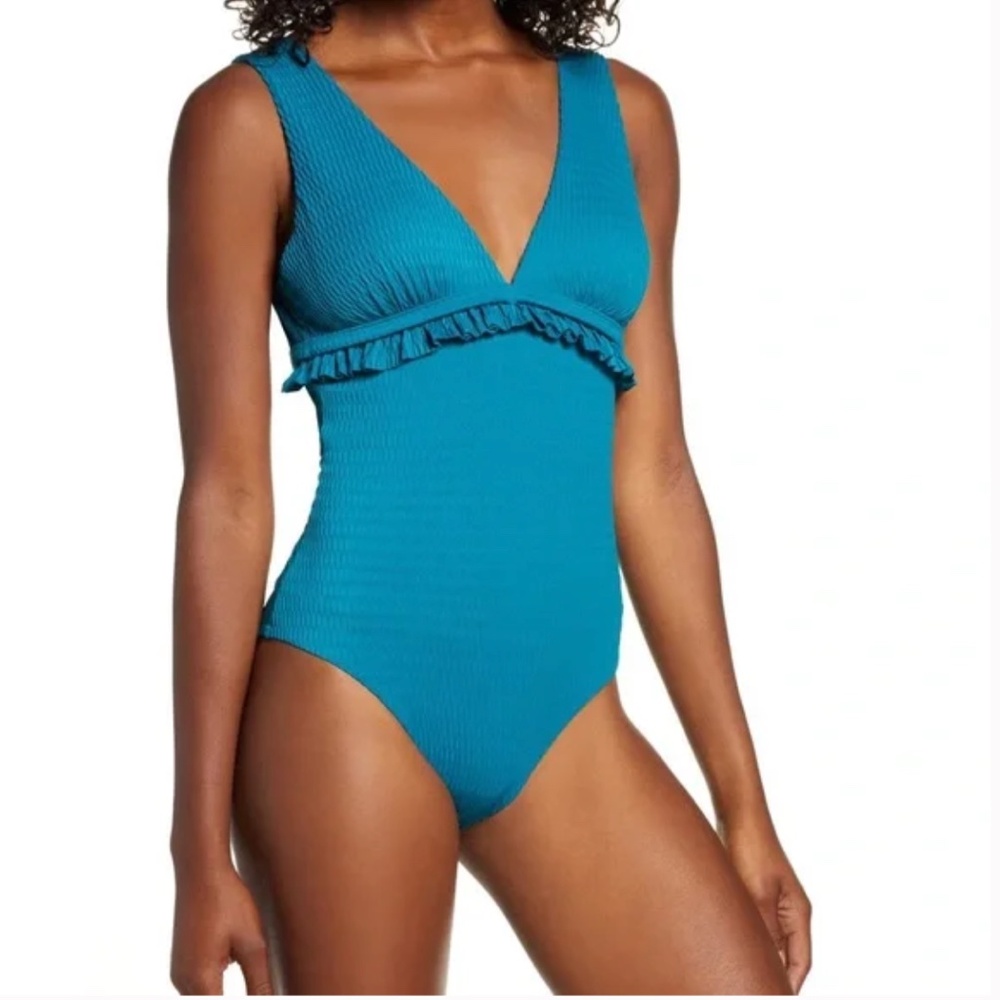 Chelsea28 Ruffle Trim One-Piece Swimsuit Teal Gloss size Medium